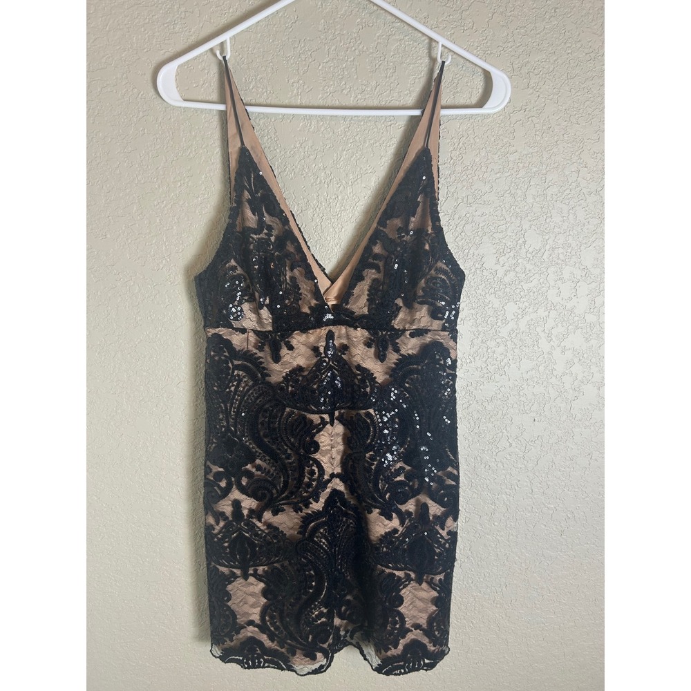 Free People Mini Dress Women 0 Black Sequin Lace Bodycon V-Neck Sleeveless